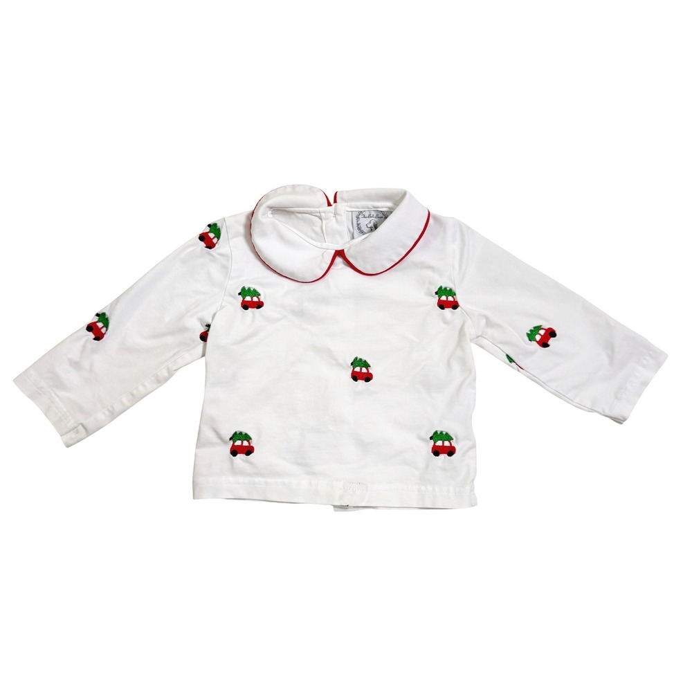 Bella Bean Shirt 12M White Christmas Tree Red Car Embroidered Peter Pan Collar